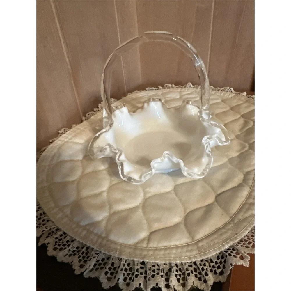 FENTON Milk Glass Silver Crest LARGE Ruffled Spanish Lace Brides Basket